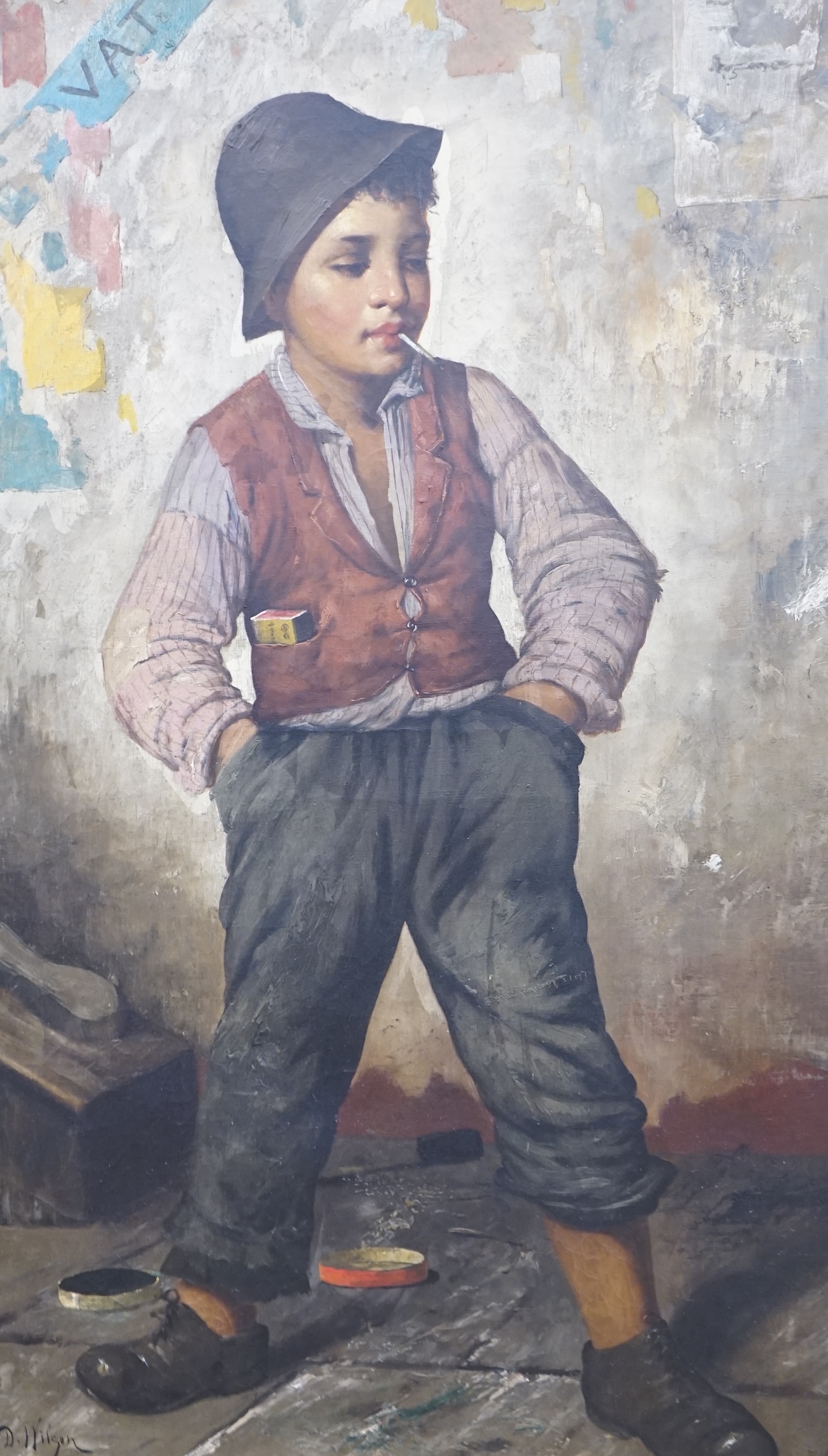 D. Wilson (19th C.), oil on canvas, Full length study of a boy smoking, signed, applied plaque to the frame, 79 x 48cm, ornate gilt framed. Condition - fair, losses to the frame